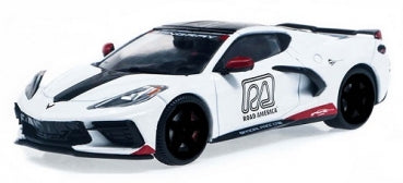 1:24 scale diecast model car, white with black and red accents, Road America logo on door