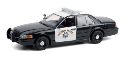1:18 scale diecast highway patrol police car model, black and white, with roof light bar