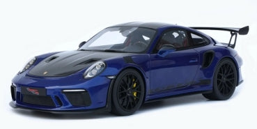 1:18 scale blue Porsche 911 GT3 RS diecast model car with black accents and rear wing