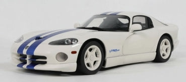 White diecast Dodge Viper model car with blue racing stripes, 1:18 scale