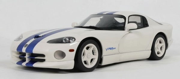 1:18 scale white diecast sports car model with blue racing stripes and detailed exterior