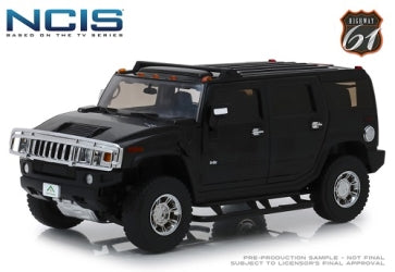 Black diecast Hummer H2 model car 1:18 scale with NCIS and Highway 61 logos