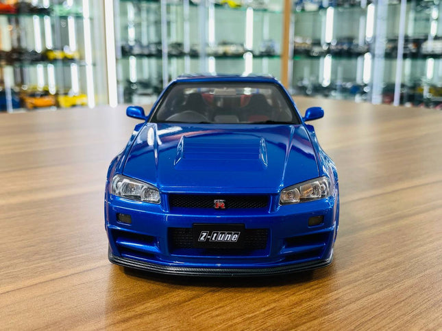AutoArt Nissan Skyline GT-R R34 Nismo Z-Tune 2005 Bayside Blue 1:18 Diecast Model Car - studio product photo of the scale mod