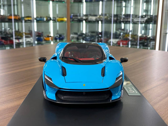 Bburago Ferrari Daytona SP3 1:18 Blue Diecast Model Car - studio product photo of the scale model