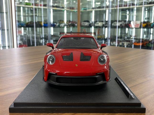 1/18 Diecast Porsche 911 (992) GT3 RS 2024 in Guard Red | Solido - studio product photo of the scale model