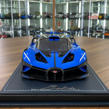 MR Collection Bugatti Bolide 1:18 Resin Model Car Striking Launch Livery Blue - studio product photo of the scale model