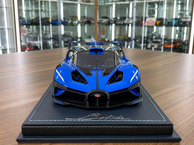 MR Collection Bugatti Bolide 1:18 Resin Model Car Striking Launch Livery Blue - studio product photo of the scale model