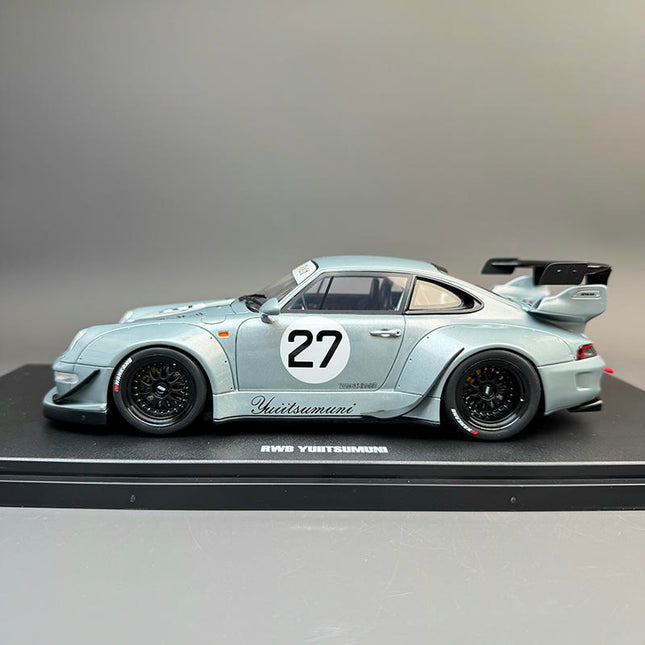 GT Spirit Porsche 993 RWB YUIITSUMUNI Silver 1:18 Resin Model Car - studio product photo of the scale model