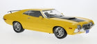 Yellow diecast model car 1:18 scale, vintage muscle car with black hood details and chrome wheels