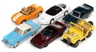 Six assorted diecast model cars in various classic and vintage styles with vibrant colors.