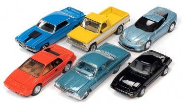 Six assorted diecast model cars and trucks in various colors, 1:64 scale, on white background.