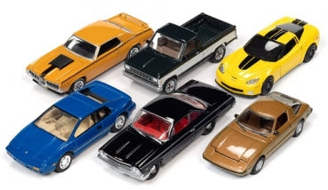 Six assorted diecast model cars in various colors, including sedan, pickup, and sports car styles.