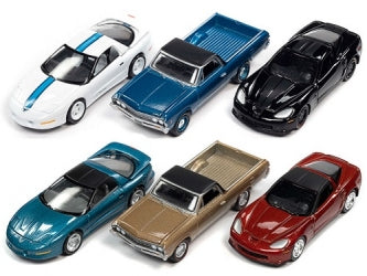 Set of six 1:24 scale diecast model cars and pickup trucks in assorted colors
