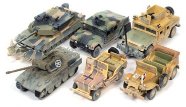 Diecast military model vehicles and tanks in assorted camouflage on white background