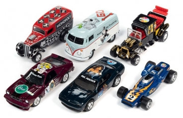 Assorted diecast model cars in various styles and colors on white background