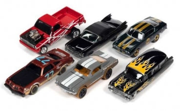 Set of six diecast model cars in various colors and styles, including pickup and classic cars.