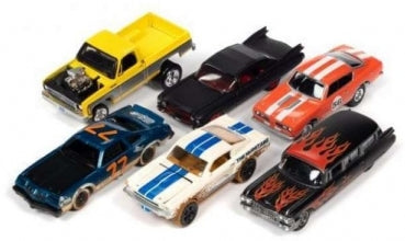 Set of six diecast model cars in assorted colors and classic muscle car designs.