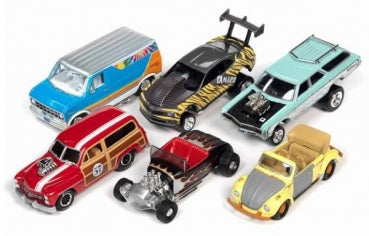 Set of six colorful diecast model cars in various classic and custom styles on white background
