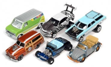 Set of six assorted diecast model cars in various colors and styles on white background