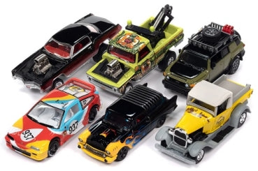Assorted 1:64 scale diecast model cars including classic, towing, and rally cars.