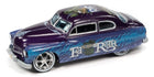 Diecast 1:64 scale custom purple model car with blue flames and Ed Roth graphics