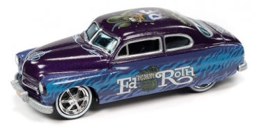 Purple diecast classic car model with custom graphics and blue flame details