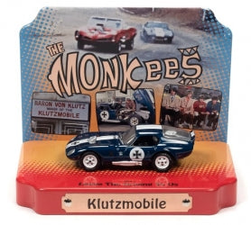 The Monkees Klutzmobile 1:64 diecast model car with themed display case, blue classic design