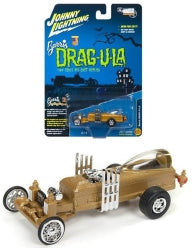 Gold vintage Drag-U-La diecast model car with chrome engine details and retail packaging.