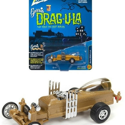 Johnny Lightning Barris Drag-U-La diecast model car in gold with chrome engine details and packaging