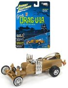 Johnny Lightning Barris Drag-U-La diecast model car in gold with chrome engine details and packaging