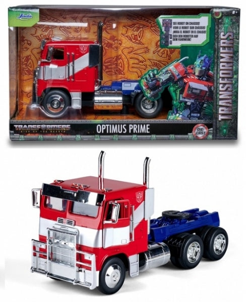 Diecast model of Optimus Prime red and blue truck with packaging, collectible vehicle toy.