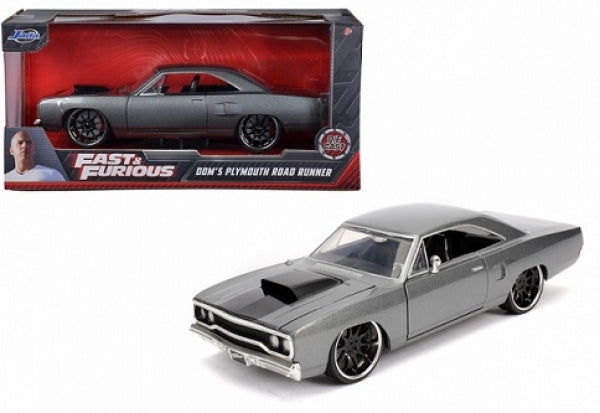 1:24 scale gray diecast model car, Dom's Plymouth Road Runner from Fast & Furious, with box.