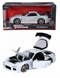 1:24 scale white 1993 Mazda RX-7 diecast model car with open doors and hood in box
