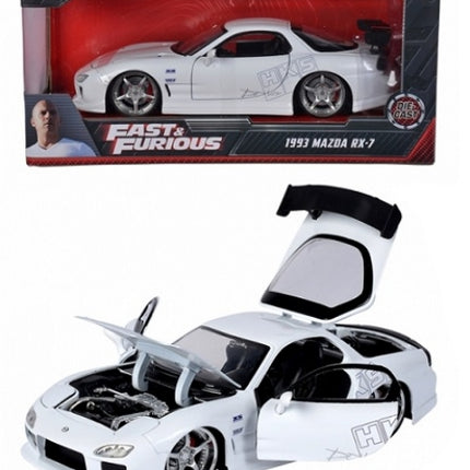 1:24 scale diecast 1993 Mazda RX-7 model car, white, with Fast & Furious packaging, open hood and doors