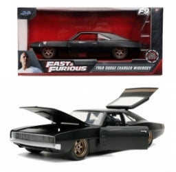 1:24 scale black Dodge Charger diecast model car with open doors and hood, Fast & Furious box