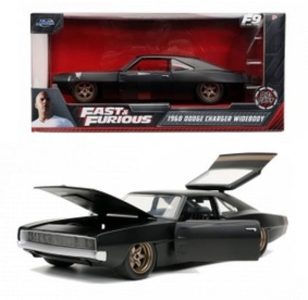 1:24 scale 1968 Dodge Charger diecast model car, black, Fast & Furious packaging, open doors