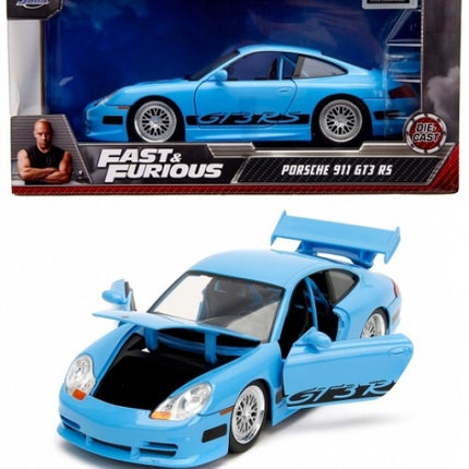 Blue Porsche 911 GT3 RS diecast model car with open doors and hood, Fast & Furious box.