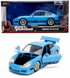 Blue Porsche 911 GT3 RS diecast model car with open doors and hood, Fast & Furious box.