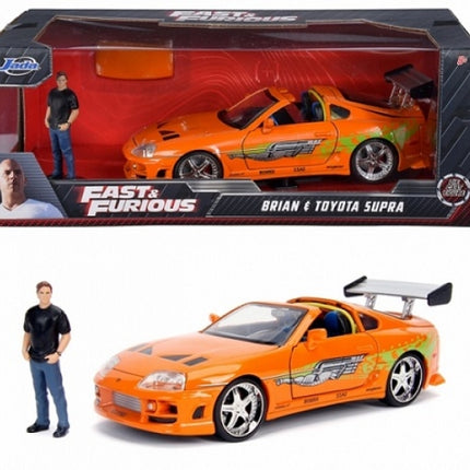 Fast & Furious orange Toyota Supra diecast model car with Brian figure in display box