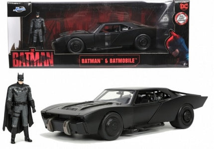 Batman action figure with black Batmobile diecast model car in packaging