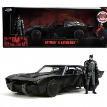 Diecast Batmobile model car with Batman action figure, black, collectible toy set