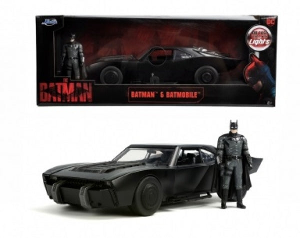 Diecast Batmobile model car with Batman action figure, black, collectible toy set