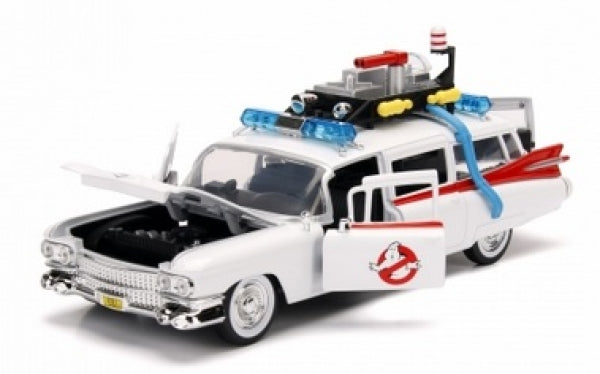 Diecast model car of a white classic ambulance with roof equipment and open doors, 1:24 scale
