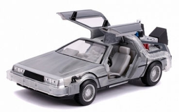 Diecast silver DeLorean model car with gullwing doors open, 1:24 scale collectible.