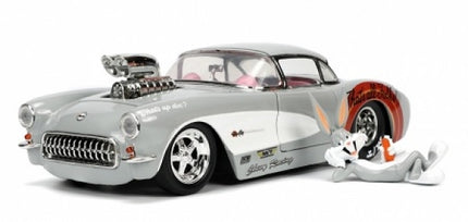 Silver diecast classic car model with exposed engine and cartoon rabbit figure beside it