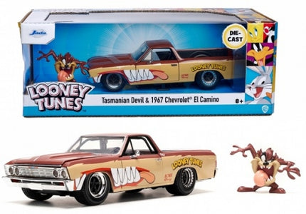 Diecast 1967 Chevrolet El Camino model car with Looney Tunes Tasmanian Devil graphics and figure.