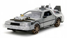 1:24 scale diecast DeLorean model car with detailed silver exterior and bronze wheels