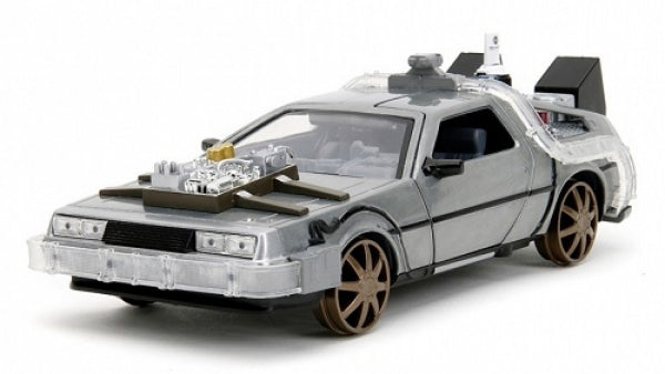 1:24 scale diecast DeLorean model car with detailed silver exterior and bronze wheels