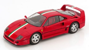 Red 1:18 scale diecast Ferrari F40 model car with Italian flag stripe, side view
