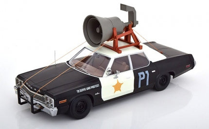 1:18 scale diecast police car model with loudspeaker, black and white, detailed interior